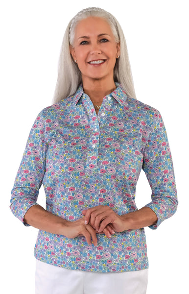 PETITE Three Quarter Sleeve Print Polo | Morning Glory 55C