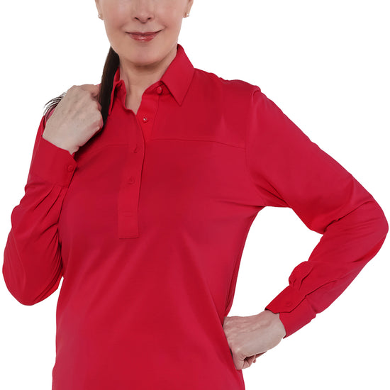 PETITE Long Sleeve Solid Polo | Red 040 - Leonlevin