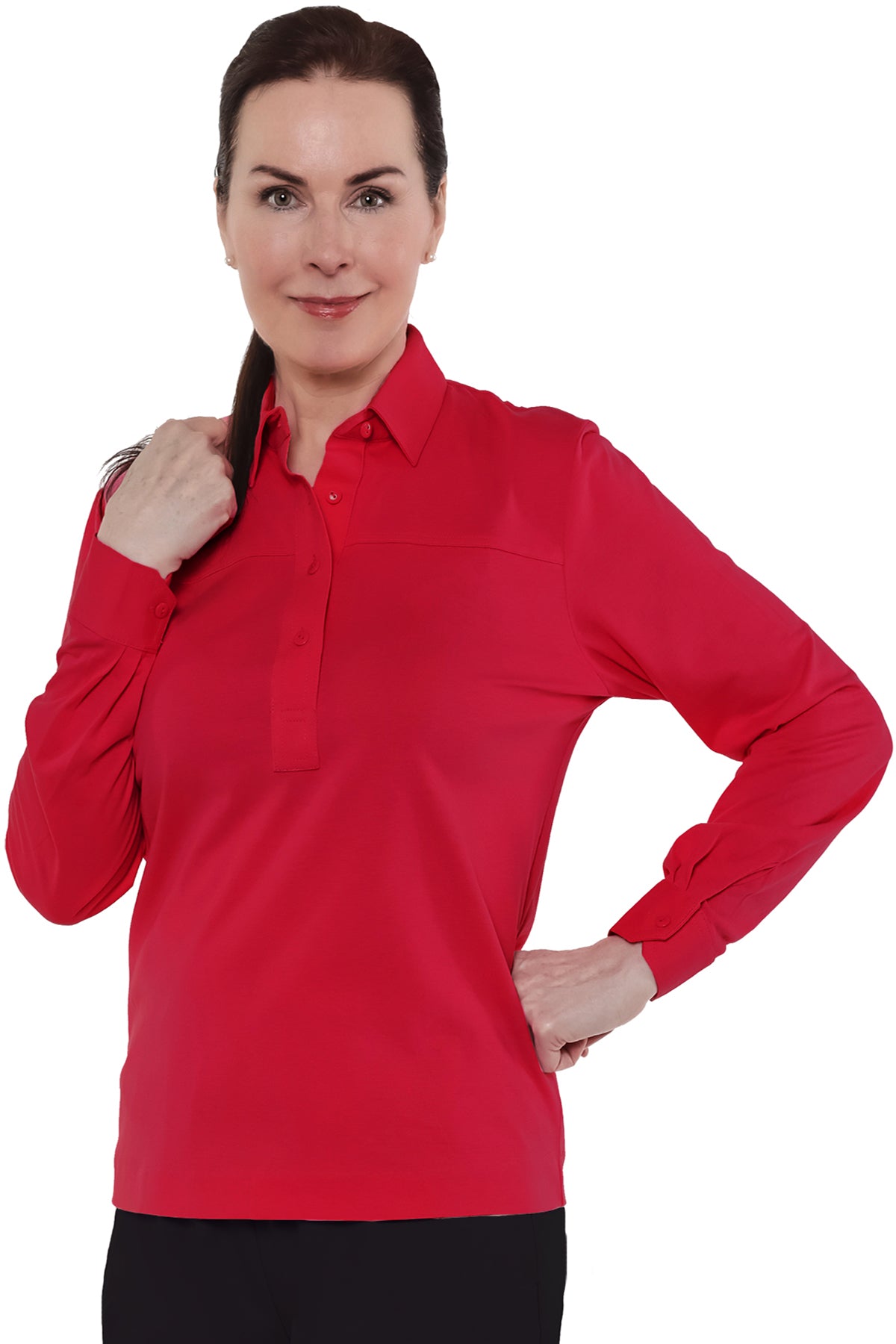 PETITE Long Sleeve Solid Polo | Red 040 - Leonlevin