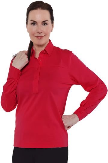 PETITE Long Sleeve Solid Polo | Red 040 - Leonlevin