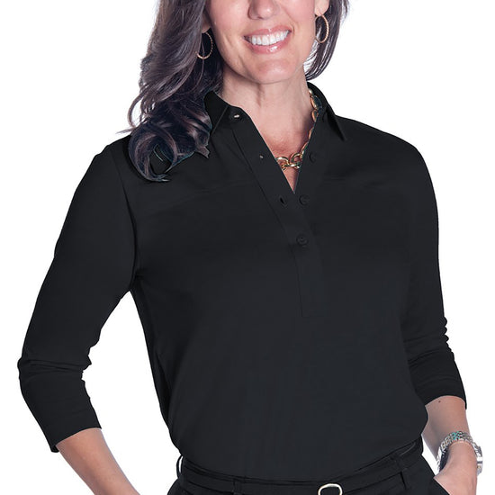 Three Quarter Sleeve Solid Polo |  Black 090 - Leonlevin