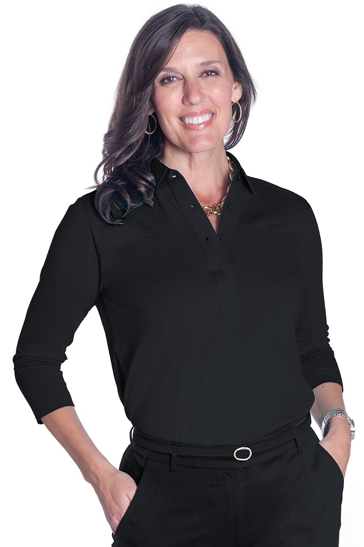 Three Quarter Sleeve Solid Polo |  Black 090 - Leonlevin