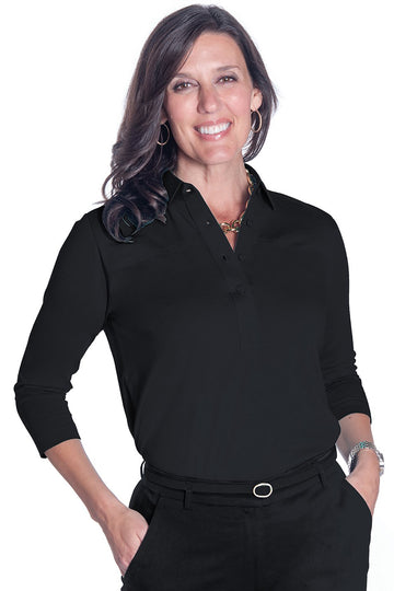 Three Quarter Sleeve Solid Polo |  Black 090 - Leonlevin