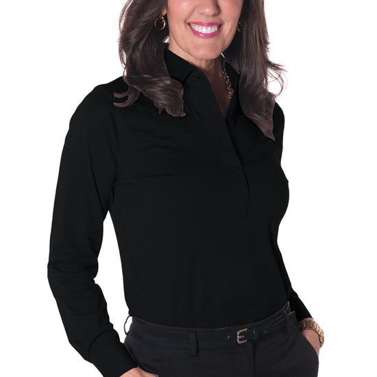 PETITE Long Sleeve Solid Polo |  Black  090 - Leonlevin