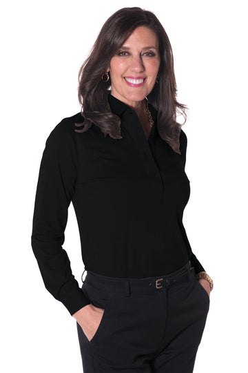 PETITE Long Sleeve Solid Polo |  Black  090 - Leonlevin