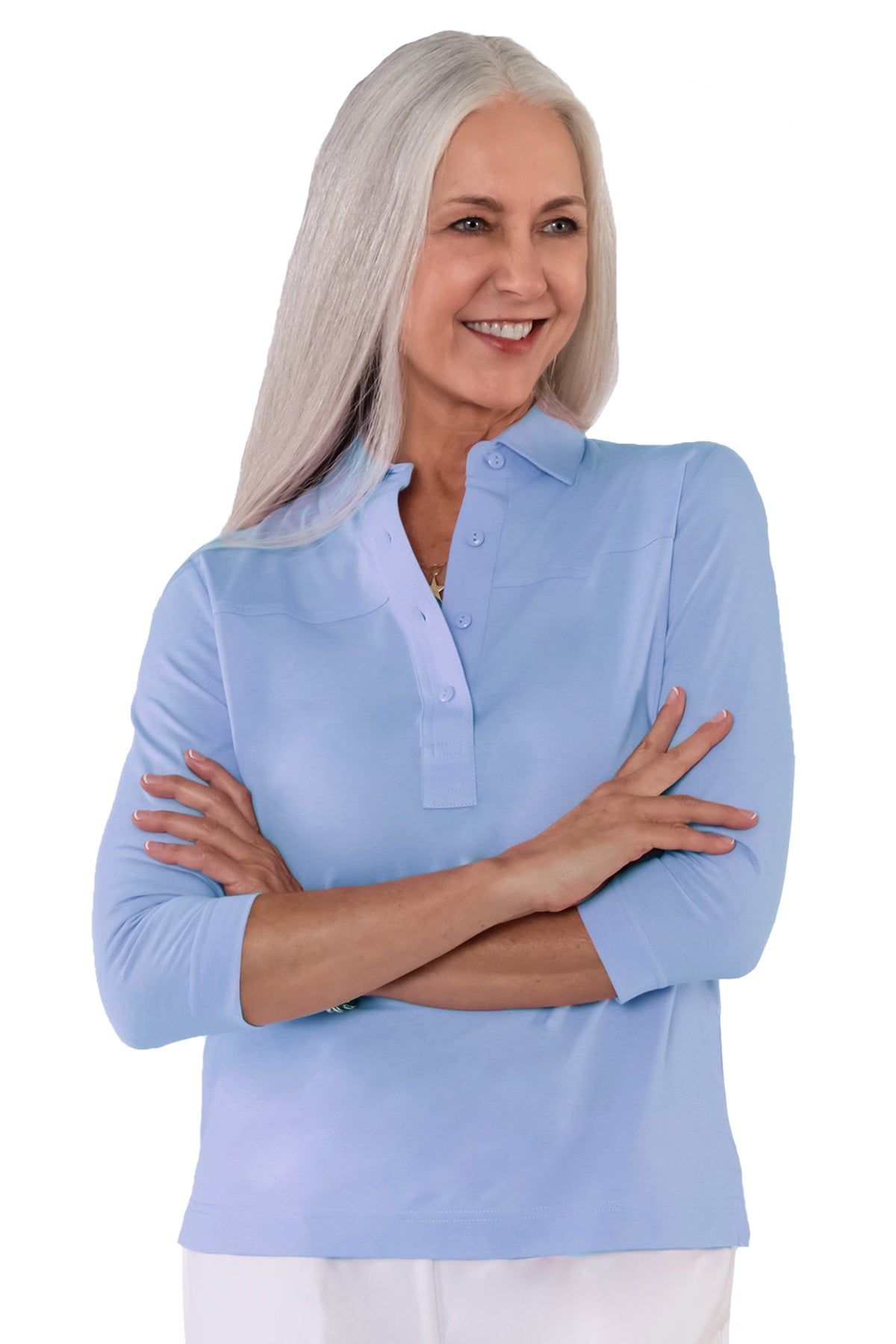 Three Quarter Sleeve Solid Polo | Wedgewood 20P - Leonlevin