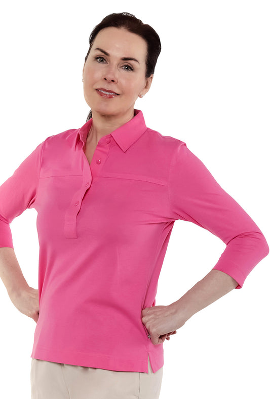 Three Quarter Sleeve Solid Polo | Tropical Pink 225 - Leonlevin