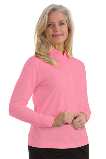 PETITE Long Sleeve Solid Polo | Bermuda Pink 264 - Leonlevin