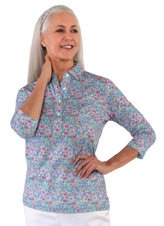 Three Quarter Sleeve Print Polo | Morning Glory 55C - Leonlevin