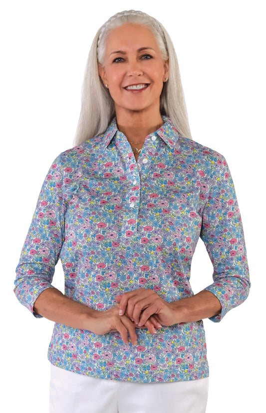 PETITE Three Quarter Sleeve Print Polo | Morning Glory 55C