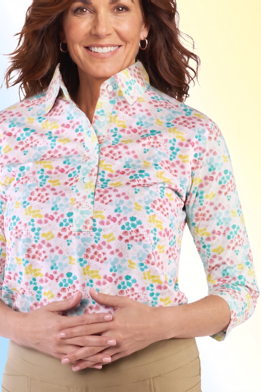 Three Quarter Sleeve Print Polo | Garden Delight 64C