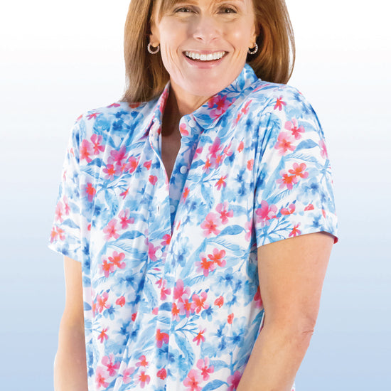 PETITE Short Sleeve Print Polo | Flower Show 66C - Leonlevin