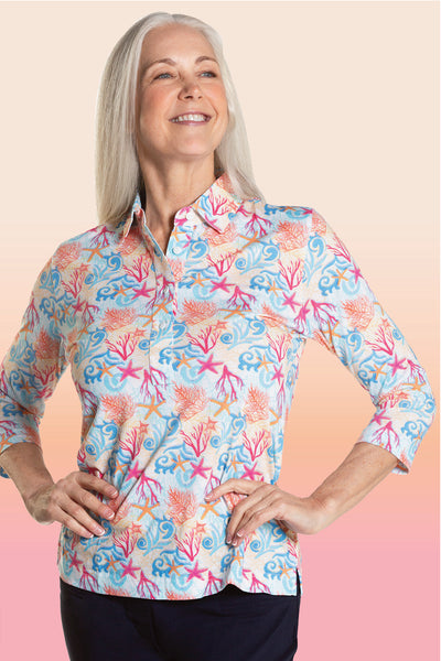 Three Quarter Sleeve Print Polo | Coral Reef 67A