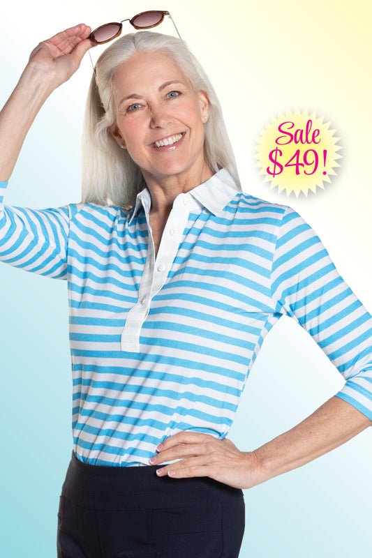 PETITE Three Quarter Sleeve Print Polo | Cabana Stripe 68D