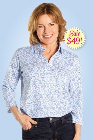 PETITE Three Quarter Sleeve Print Polo | Lattice Work 69C