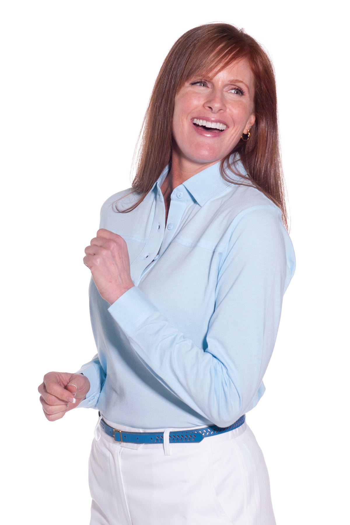 PETITE Long Sleeve Solid Polo | Bluebell 755 - Leonlevin