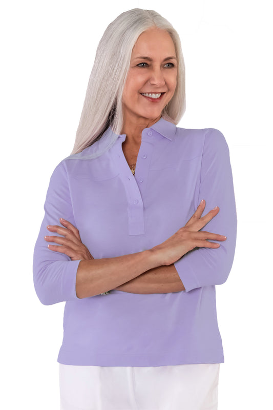 Three Quarter Sleeve Solid Polo | Pansy 758 - Leonlevin