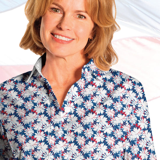 PETITE Three Quarter Print Polo | Pop-Floral 78C - Leonlevin