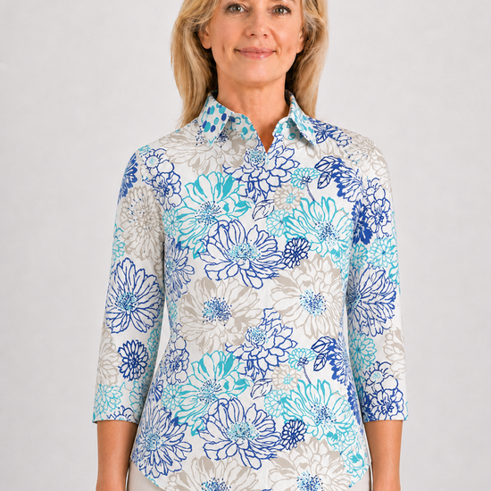 Three Quarter Sleeve Print Polo/ Floral Garden 79B - Leonlevin