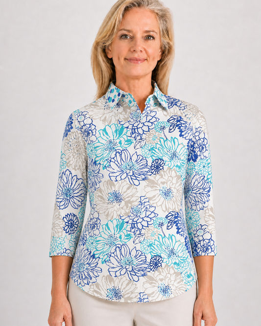 Three Quarter Sleeve Print Polo/ Floral Garden 79B