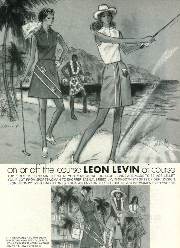 1974 Leon Levin Q-Skirt advertisement: on or off the course, Leon Levin of course