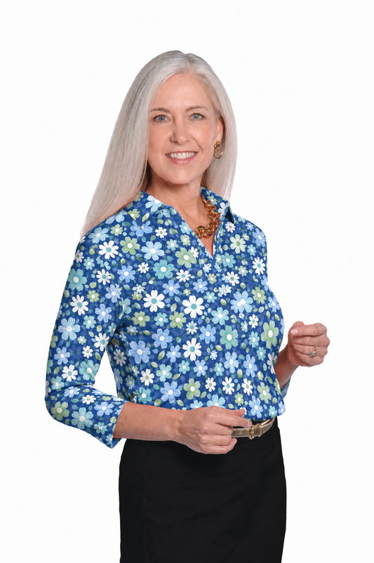 Three Quarter Sleeve Print Polo | Seaside Daisy 86B