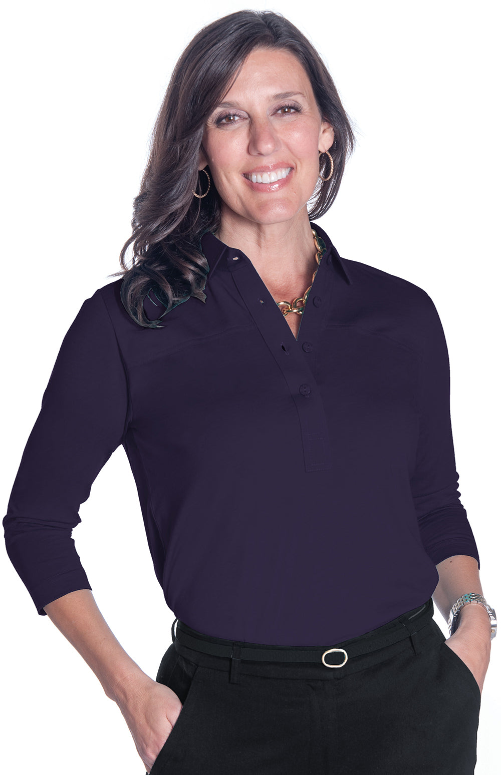 Three Quarter Sleeve Solid Polo | Amethyst  36P - Leonlevin
