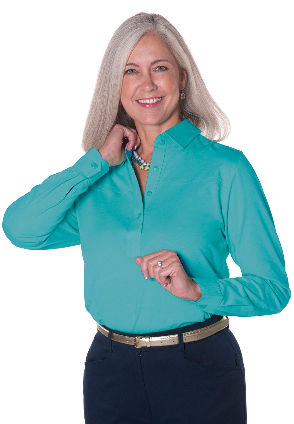 Long Sleeve Solid Polo <br> Bright Teal 20E - Leonlevin