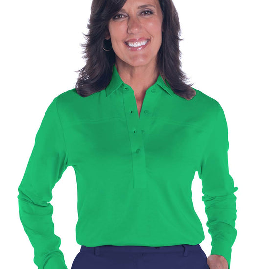 Petite Long Sleeve Solid Polo Shirt</br>Paradise Green 265 - Leonlevin