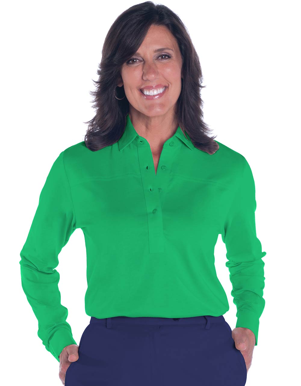 Petite Long Sleeve Solid Polo Shirt</br>Paradise Green 265 - Leonlevin