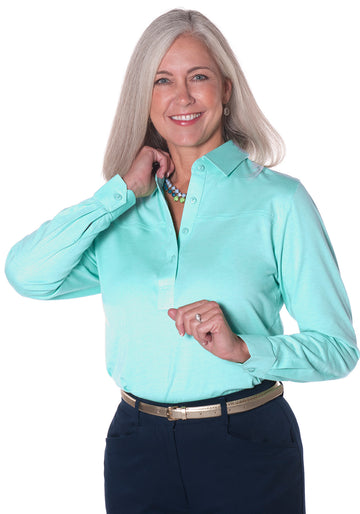 Petite Long Sleeve Solid Polo | Sea Breeze 092 - Leonlevin