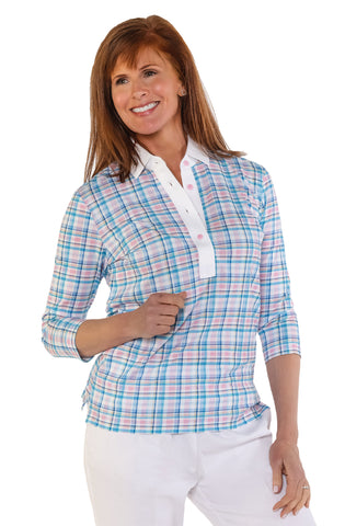 PETITE Three Quarter Sleeve Print Polo | Flying Colors 53B