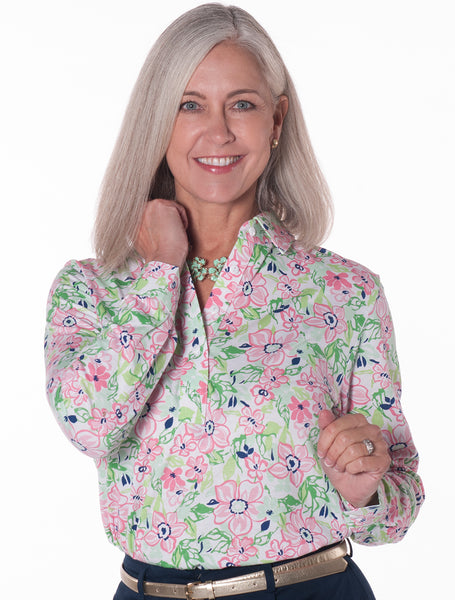 Petite Long Sleeve Print Polo</br>Floral Float 10W - Leonlevin